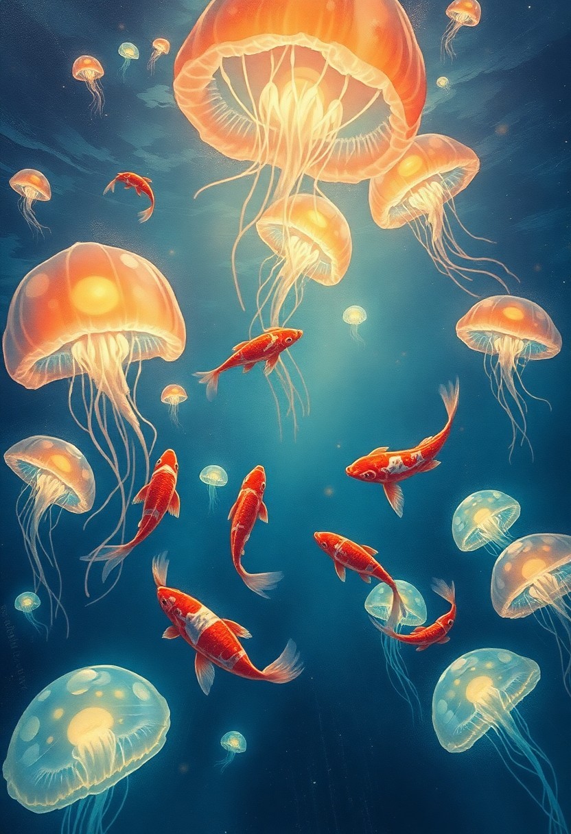 AI generated art for prompt: Envision an underwater haven where koi fish dance elegantly among glowing jellyfish, their pulsating