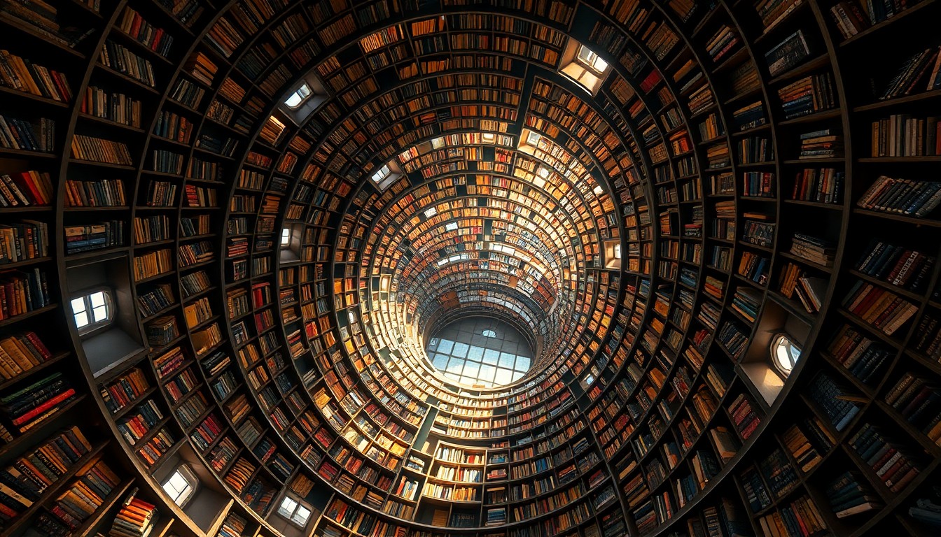 AI generated art for prompt: Craft an image depicting a grand library with endless rows of bookshelves spiraling into infinity, e