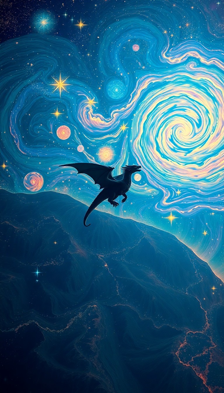 AI generated art for prompt: Imagine yourself soaring on the back of an majestic dragon, traversing through a celestial nebula re