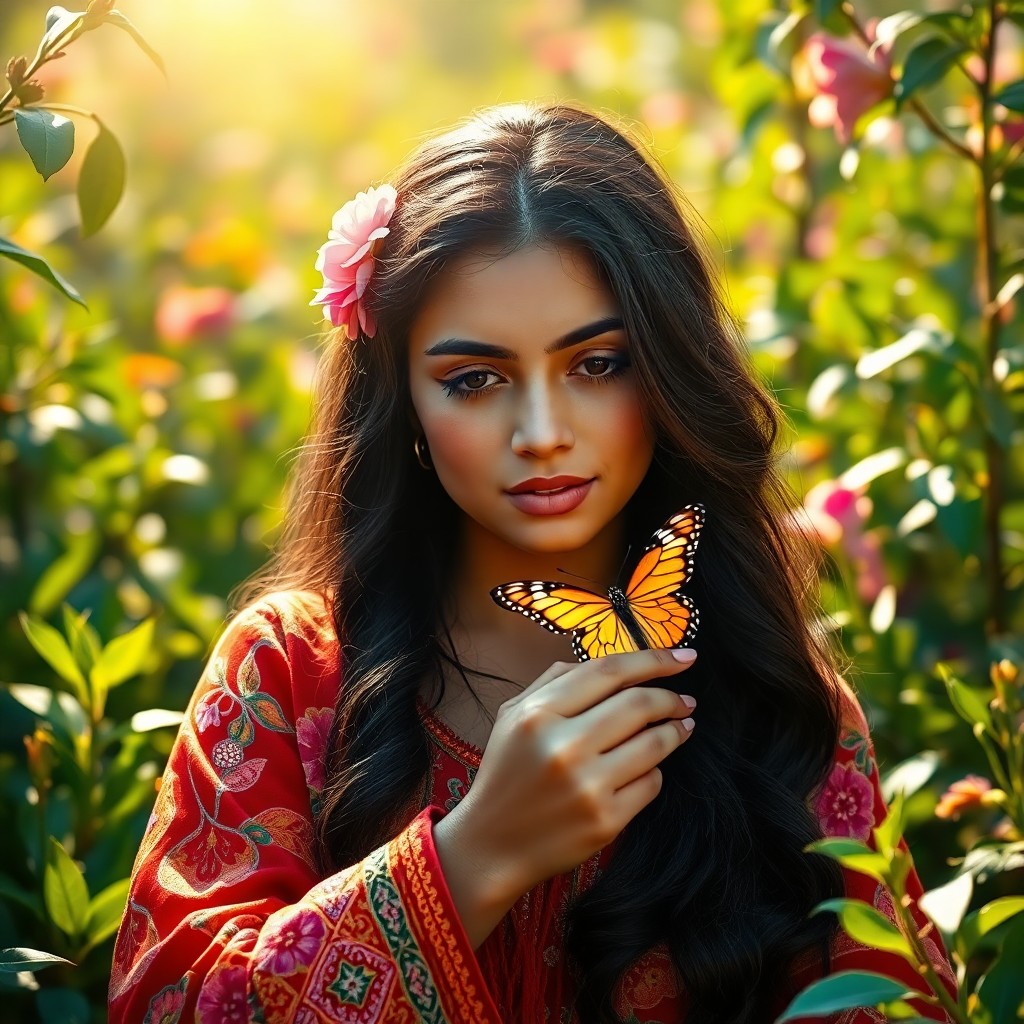 AI generated art for prompt: Craft an image depicting a young woman with luscious dark tresses, draped in vibrant Mexican attire 