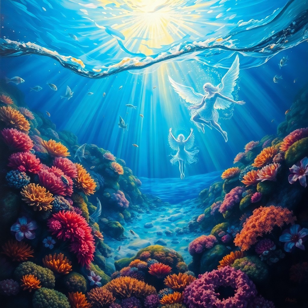 AI generated art for prompt: A mesmerizing oil painting showcases an enchanting underwater world viewed from an unconventional an