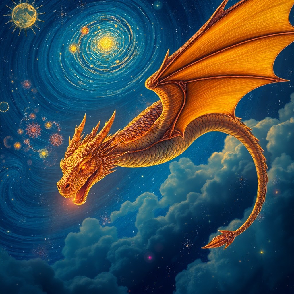 AI generated art for prompt: An ethereal digital art depiction of a dragon soaring through a celestial twilight sky, reminiscent 