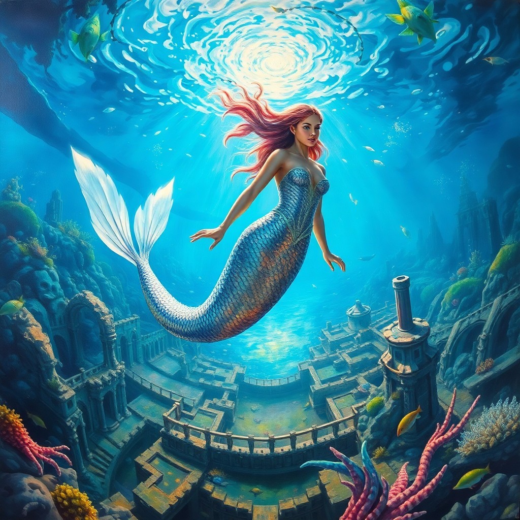 AI generated art for prompt: An awe-inspiring oil painting captures a majestic mermaid queen gracefully gliding through an azure 