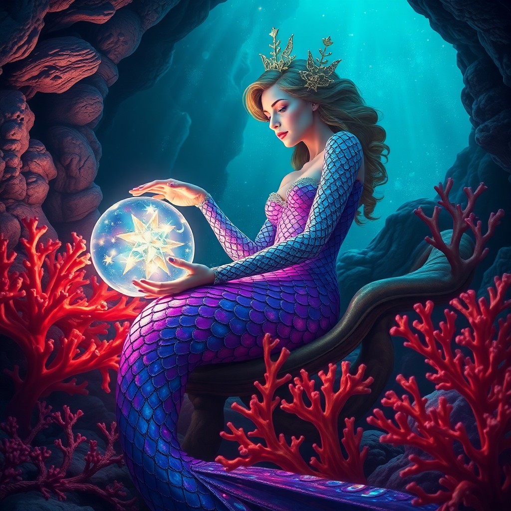 AI generated art for prompt: An enchanting portrait depicts a celestial mermaid, her scales reflecting an array of cosmic hues in