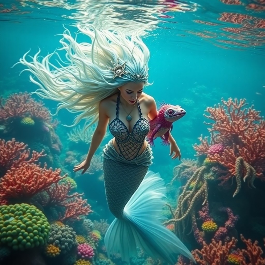 AI generated art for prompt: An enchanting underwater scene, reminiscent of surrealism, showcases a mysterious mermaid with flowi