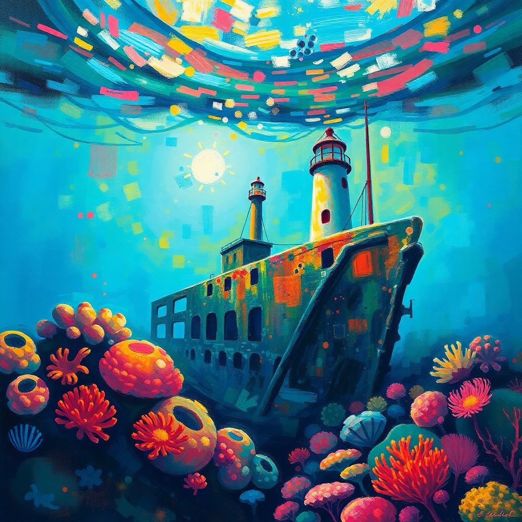 AI generated art for prompt: Craft an impressionistic underwater scene featuring a coral reef thriving beneath a lighthouse atop 