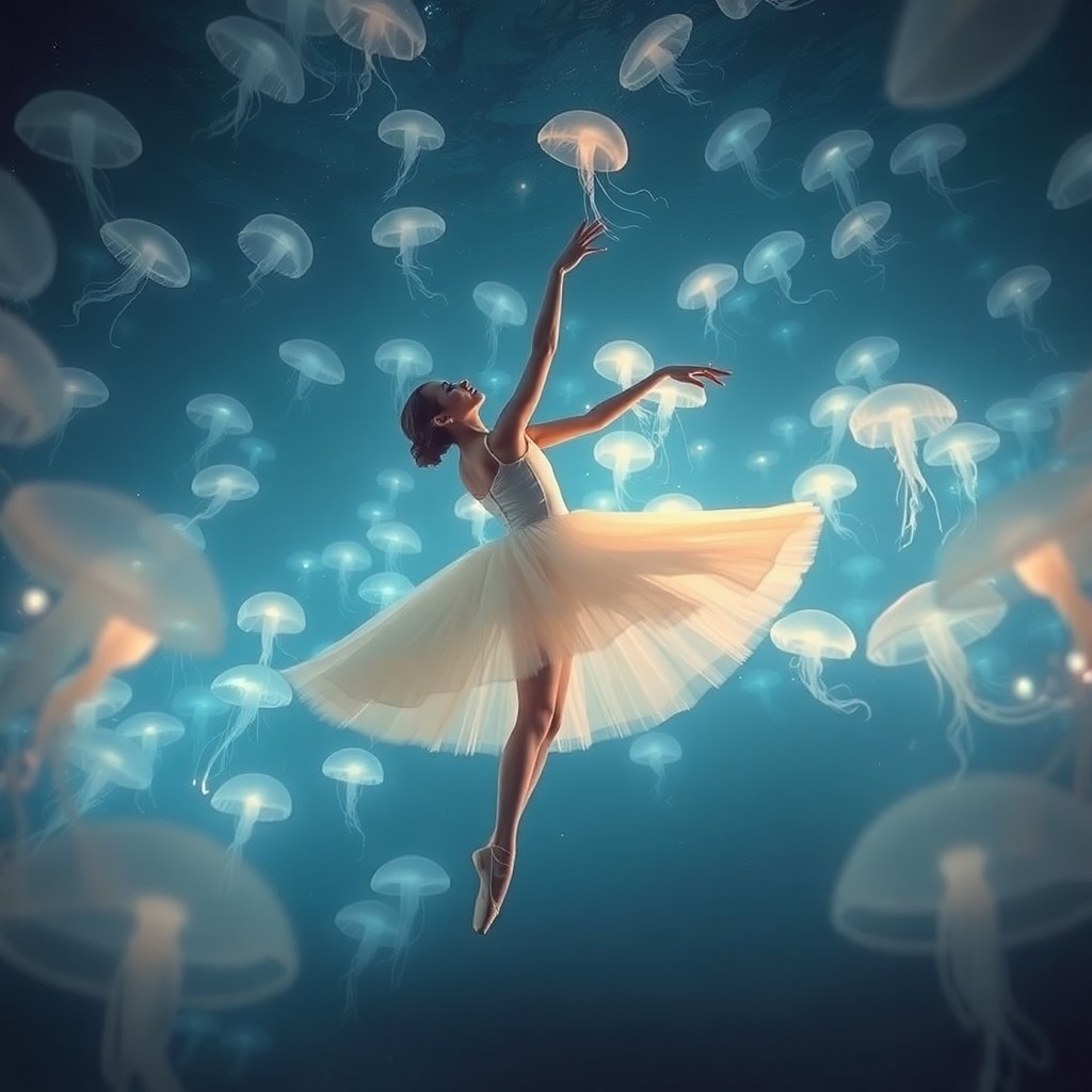 AI generated art for prompt: An enchanting dream landscape unfolds as a ballet dancer gracefully spins amidst floating, luminous 