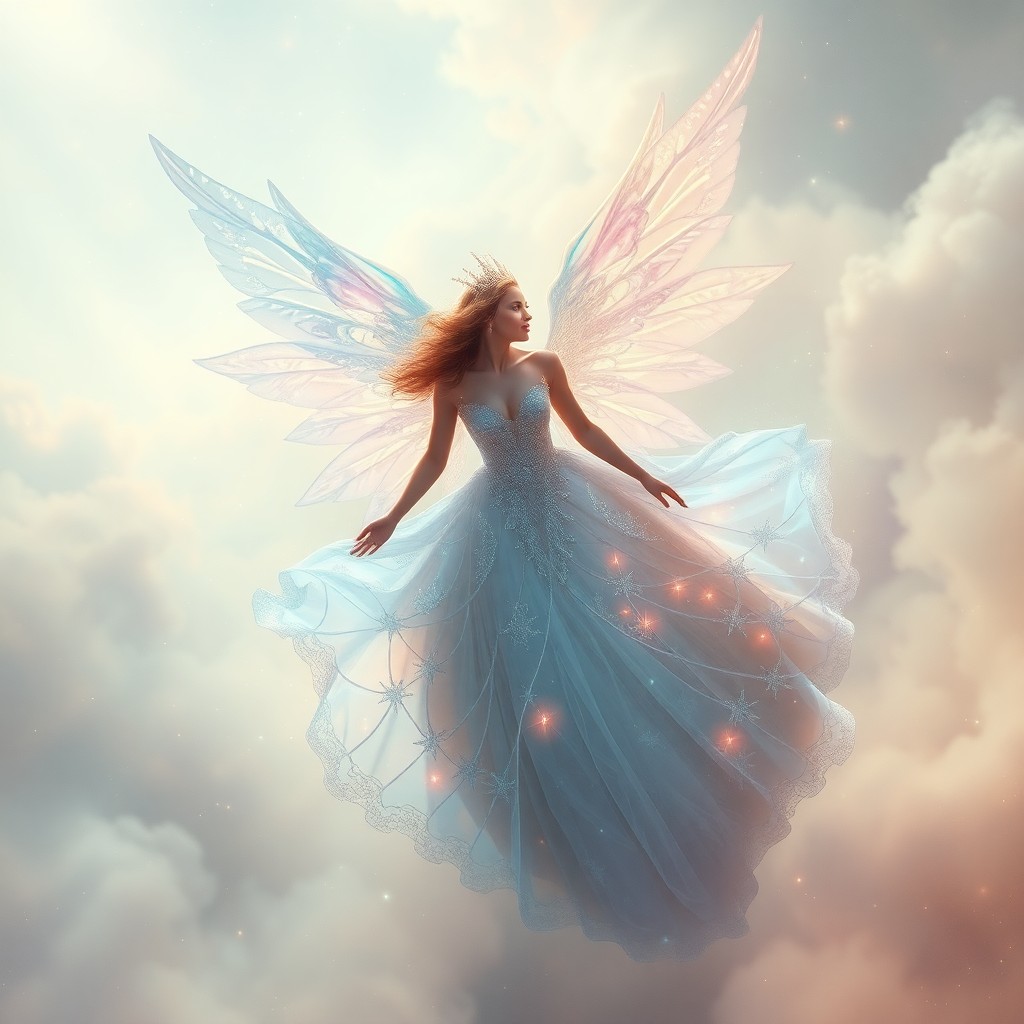 AI generated art for prompt: A breathtaking digital piece illustrates an ethereal celestial queen, her wings shimmering with irid