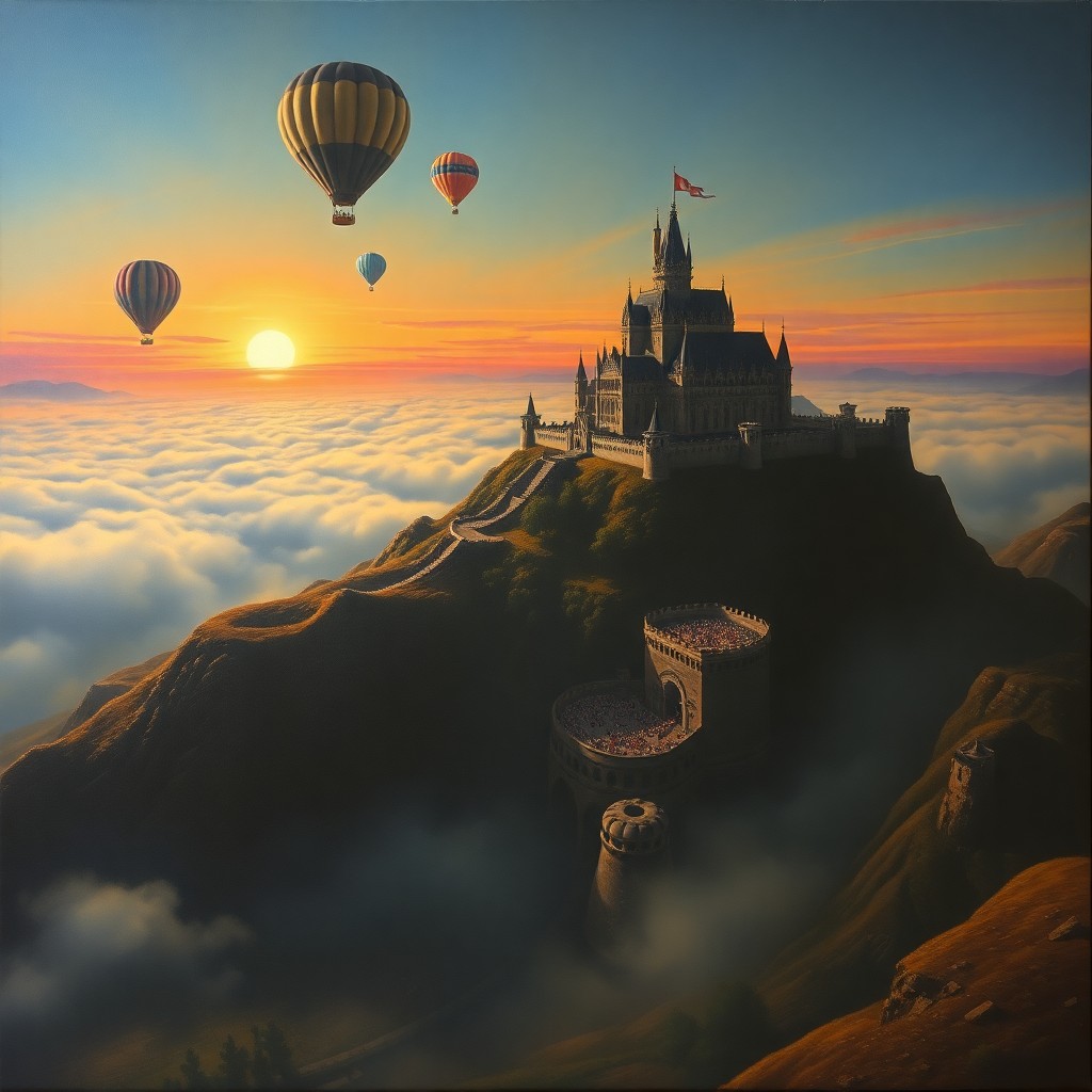 AI generated art for prompt: An enchanting oil painting captures a surreal landscape from an aerial viewpoint, reminiscent of Dal