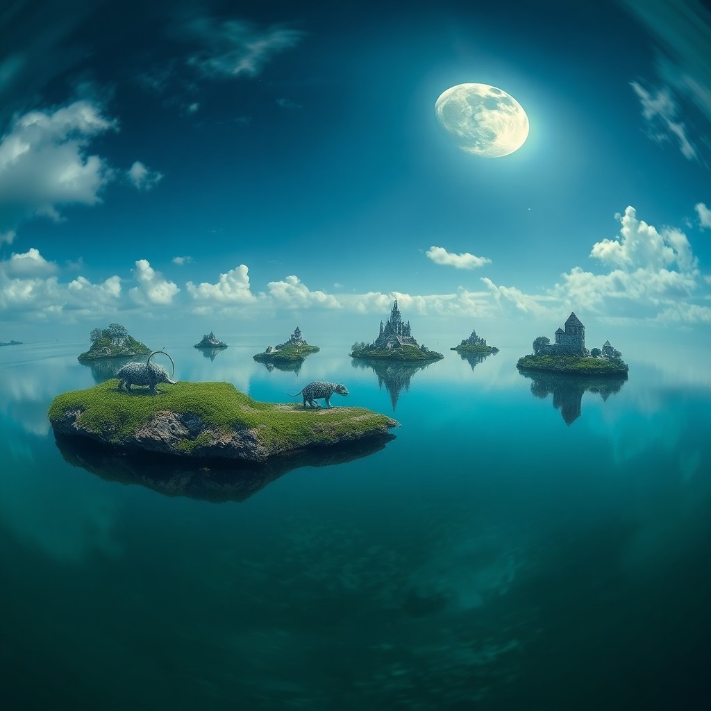 AI generated art for prompt: Craft an image reminiscent of surreal dreamscapes, featuring a tranquil lake reflecting a moonlit sk