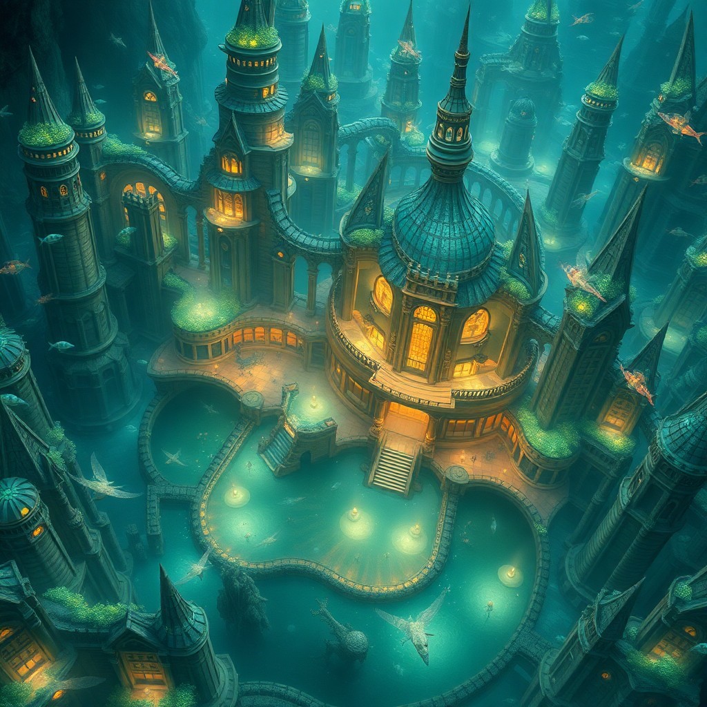 AI generated art for prompt: Imagine an aerial perspective of a thriving underwater cityscape, reminiscent of Brian Froud's capti