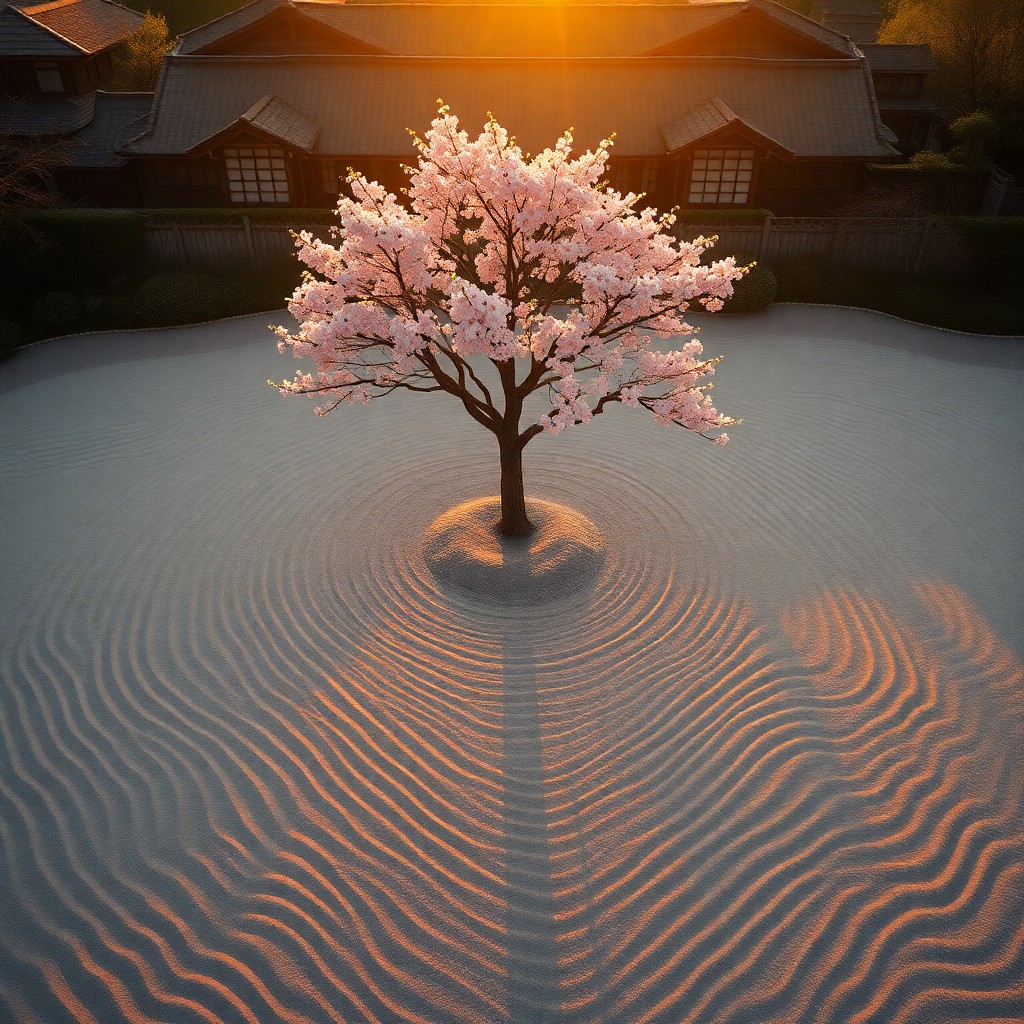 AI generated art for prompt: Envision an idyllic Japanese zen garden viewed from above, with meticulously raked sand resembling o