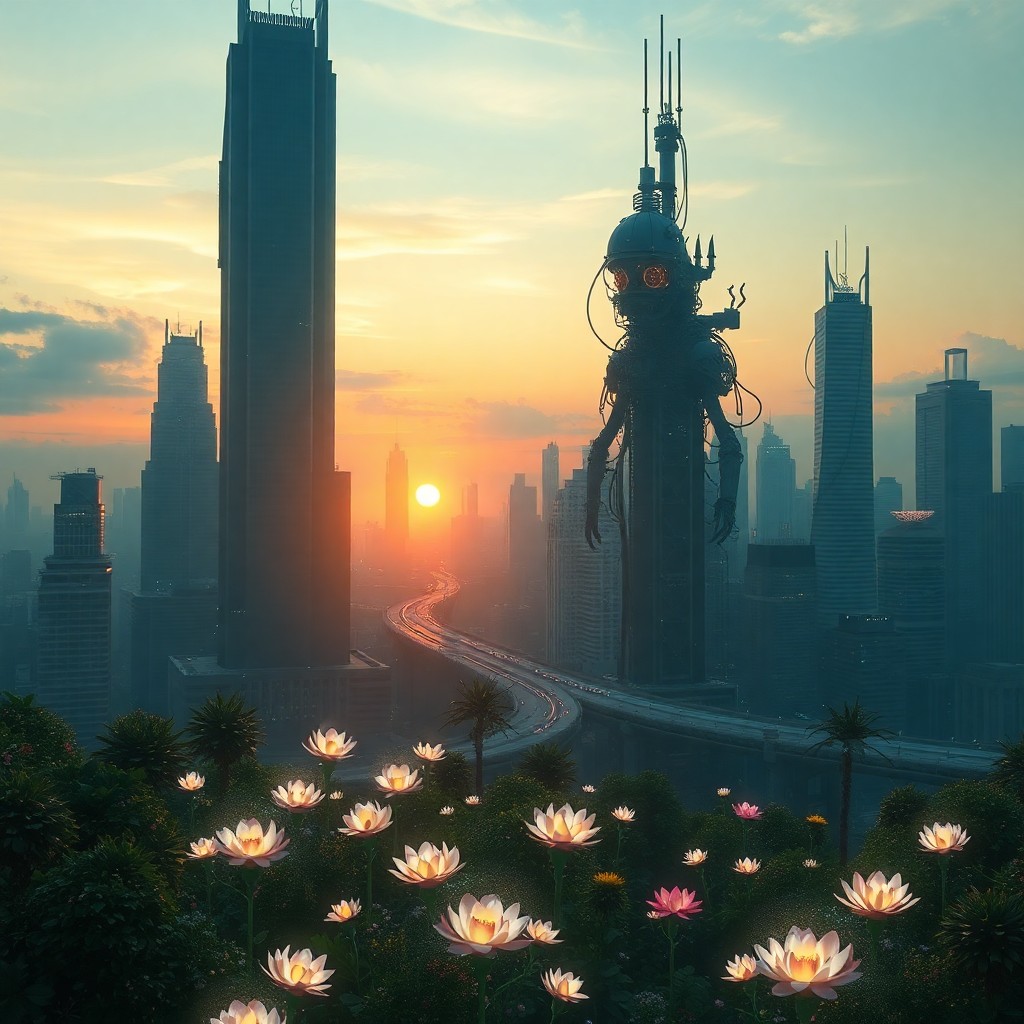 AI generated art for prompt: A dreamlike digital cityscape at twilight, where towering skyscrapers morph into fantastical creatur