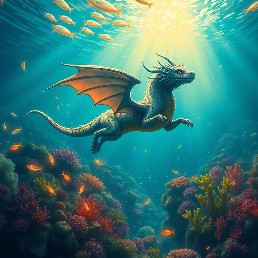 AI generated art for prompt: Imagine an enchanting underwater realm where a regal, mythical creature glides effortlessly through 