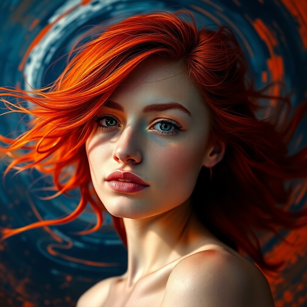 AI generated art for prompt: A portrait of a young woman with fiery red hair flowing gracefully over her shoulders, captured from