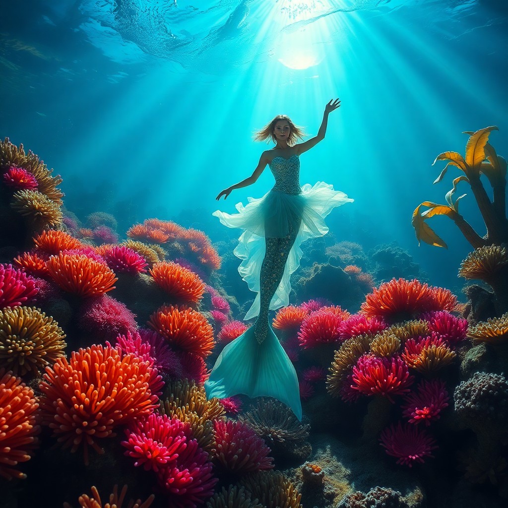 AI generated art for prompt: An enchanting underwater ballet unfolds within a mesmerizing coral reef, where a graceful mermaid pi