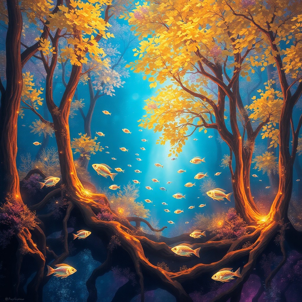 AI generated art for prompt: Visualize an opulent painting-inspired scene featuring a surreal forest landscape viewed from an und