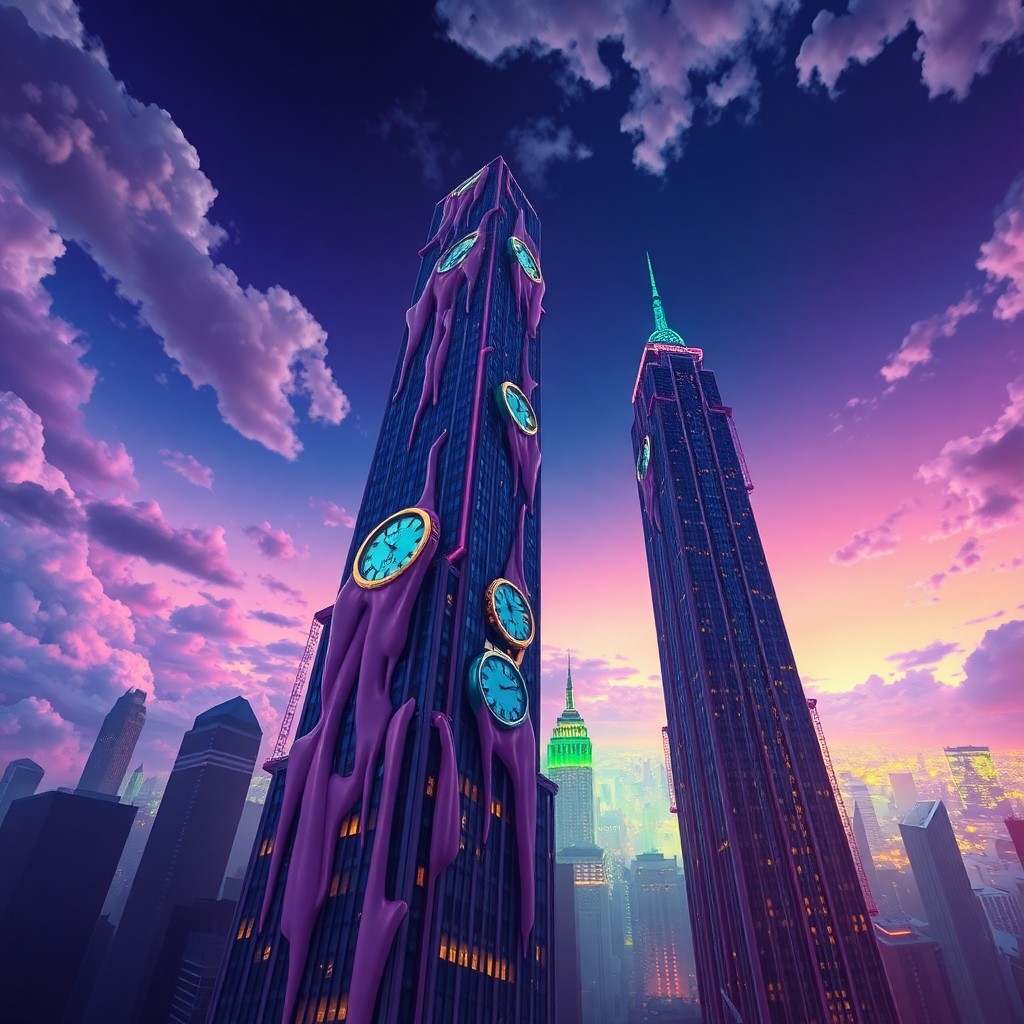 AI generated art for prompt: A surreal digital art piece depicting an awe-inspiring cityscape with towering skyscrapers adorned b