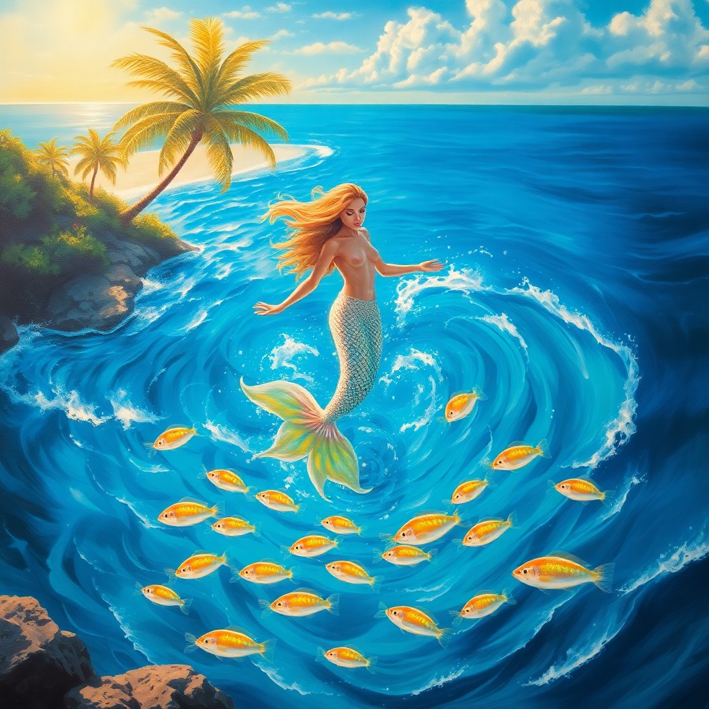 AI generated art for prompt: A mesmerizing oil painting portrays an alluring mermaid gracefully rising from swirling azure waves,