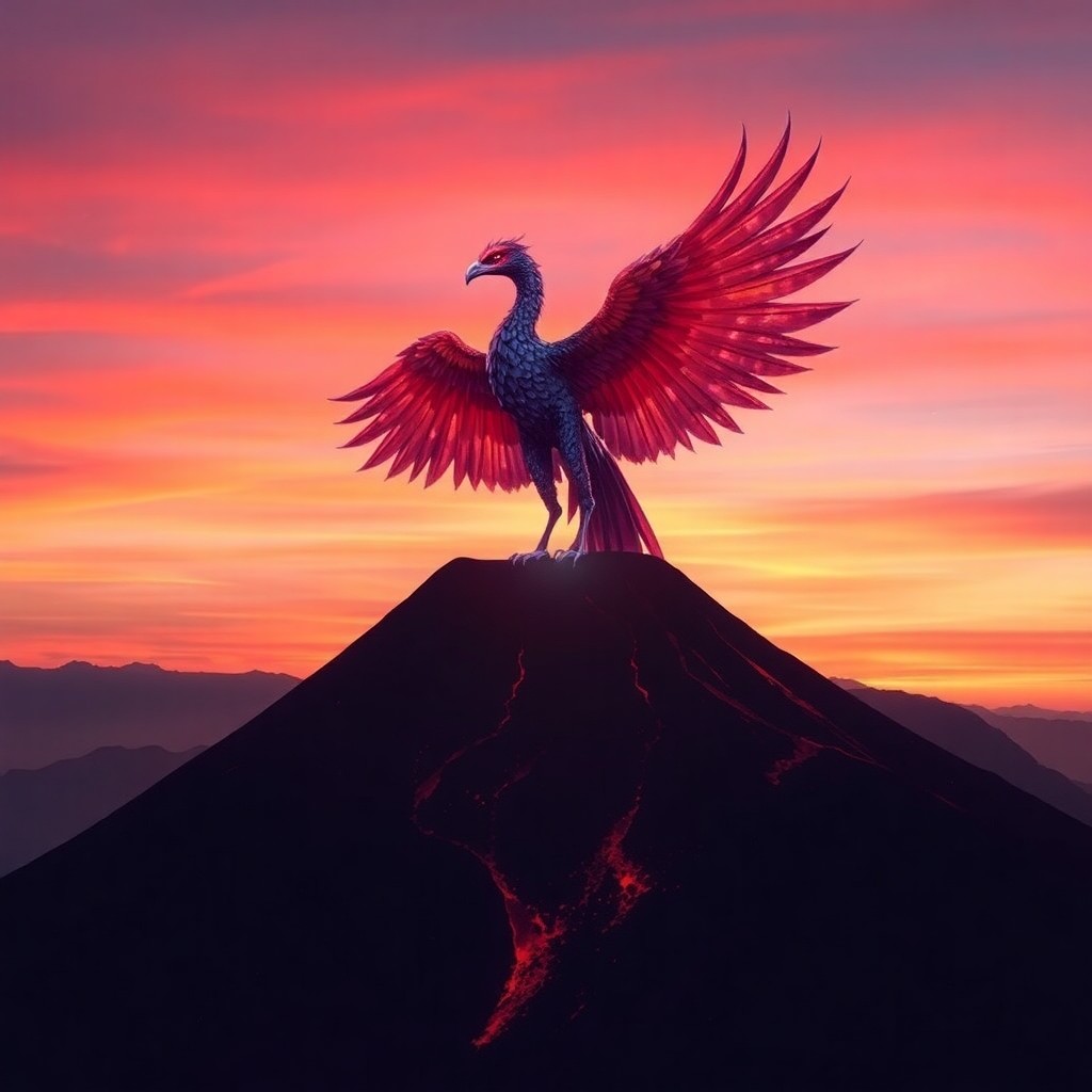 AI generated art for prompt: A mesmerizing digital artwork depicting a mythical phoenix ascending from an active volcano at twili