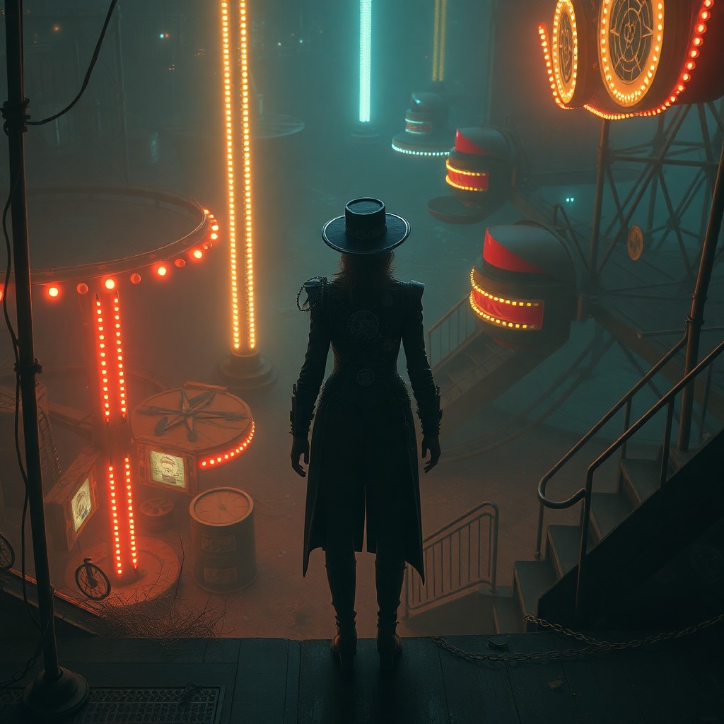 AI generated art for prompt: A captivating digital artwork captures a solitary figure standing within an overgrown amusement park