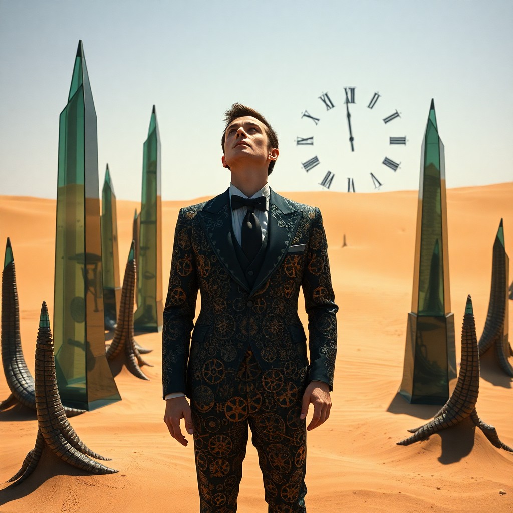 AI generated art for prompt: A man in an elaborate suit stands amidst a barren desert, surrounded by towering glass spires that s