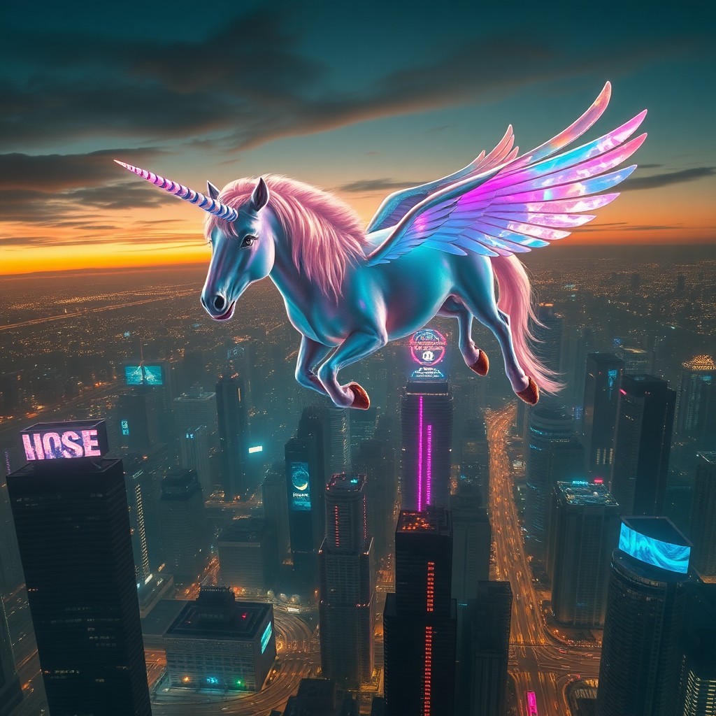 AI generated art for prompt: Envision a fantastical digital artwork depicting a noble unicorn majestically gliding over an electr