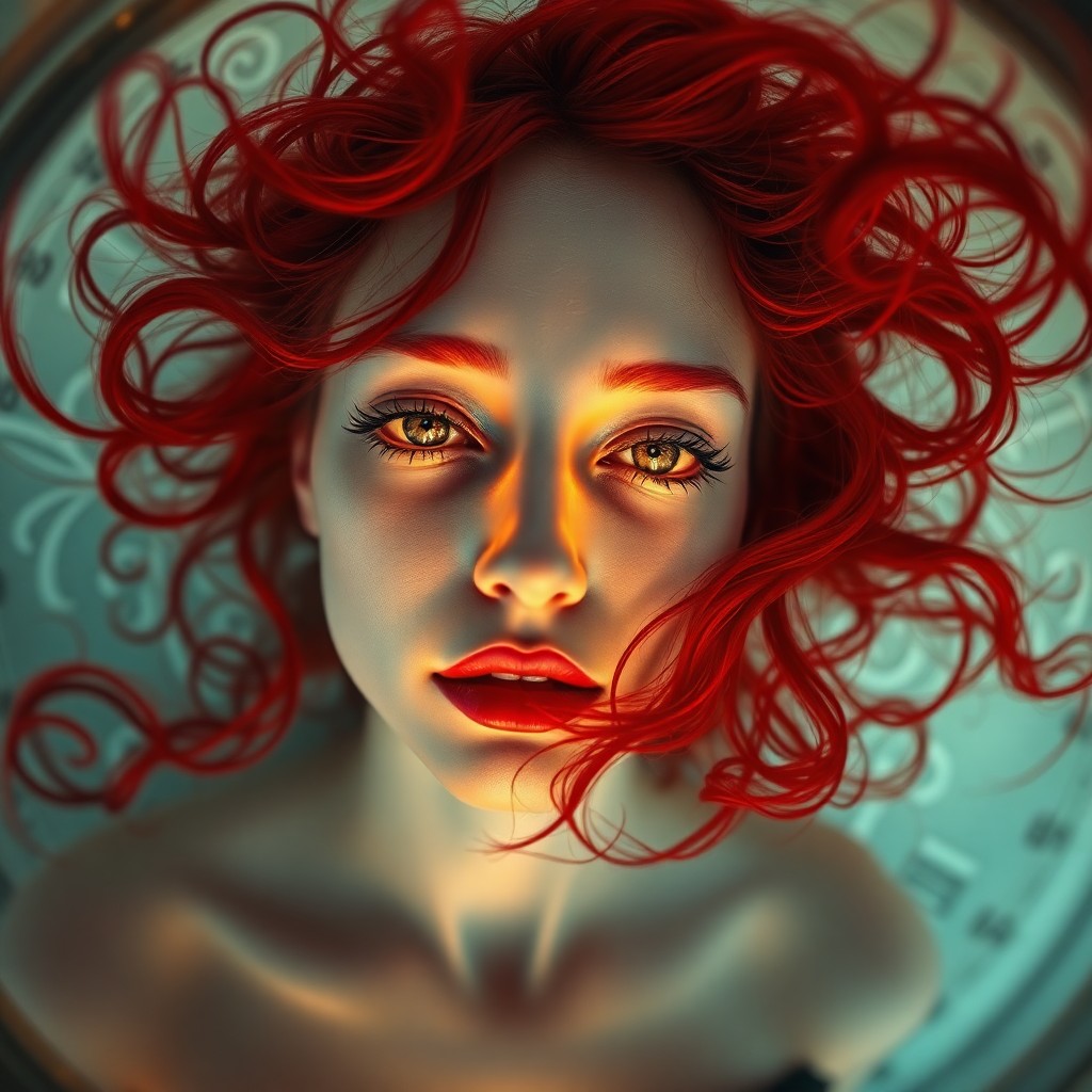 AI generated art for prompt: A surreal portrait showcases an enigmatic woman with delicate, glowing skin and vibrant crimson hair