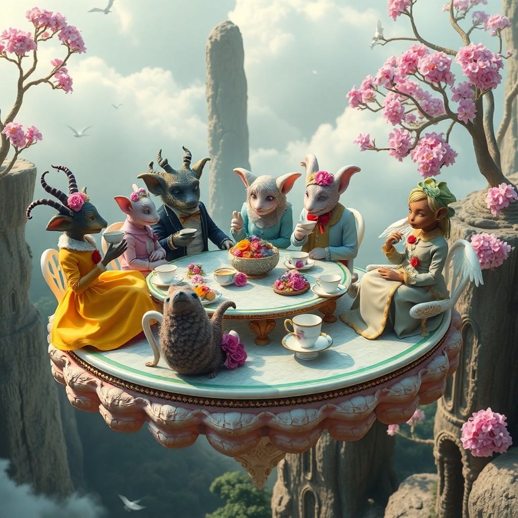 AI generated art for prompt: An enchanting digital artwork presents a surreal tea party on an ethereal floating platform defying 