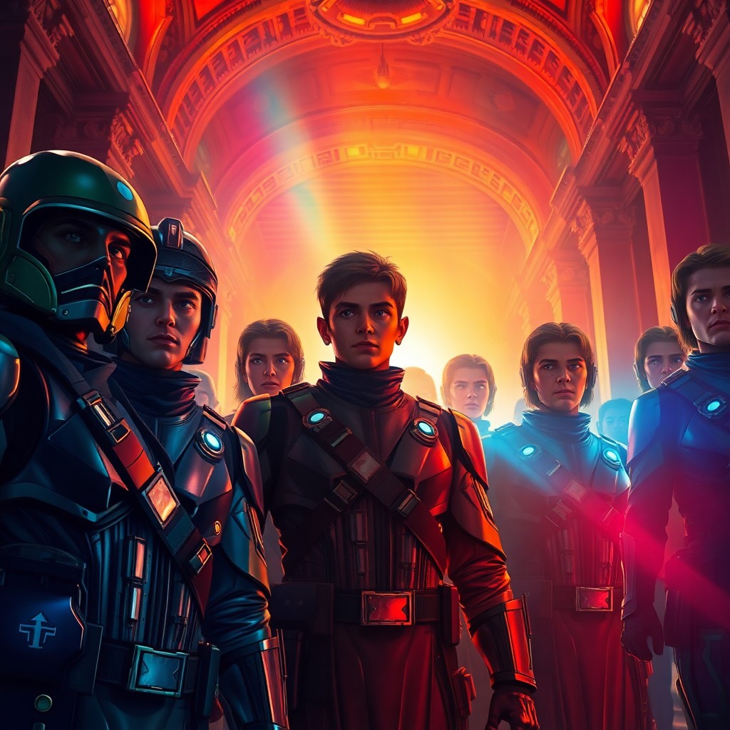 AI generated art for prompt: Imagine a photorealistic painting capturing a group of futuristic rebels illuminated by vibrant, mul