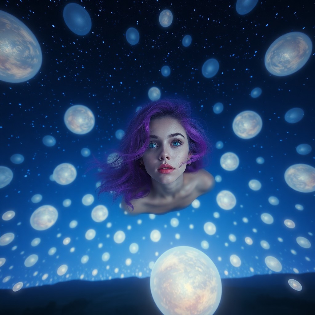 AI generated art for prompt: A surreal digital artwork depicting a young woman with vivid purple hair drifting through an infinit