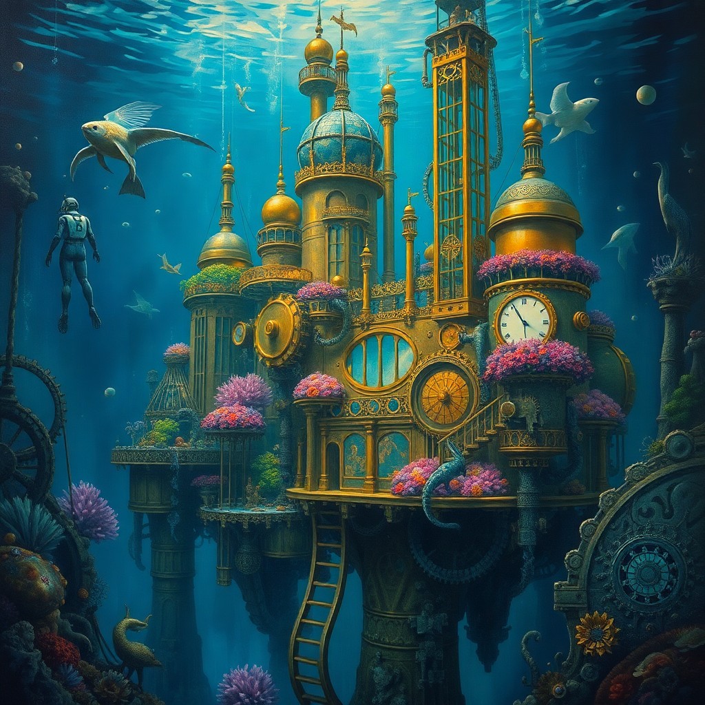 AI generated art for prompt: Envision an oil painting with surrealist undertones, depicting an enchanting underwater city in a st