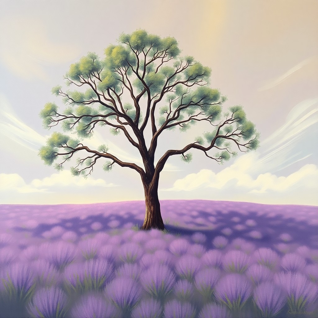 AI generated art for prompt: An oil painting captures a serene landscape where a solitary tree stands in a field of lavender, its