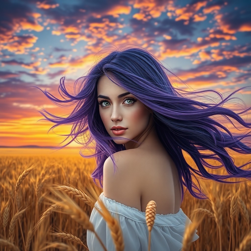 AI generated art for prompt: A mesmerizing portrait showcases a woman with flowing purple hair and striking green eyes, reminisce