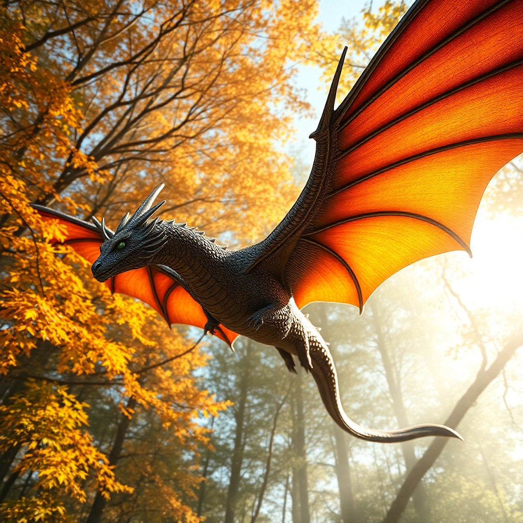 AI generated art for prompt: A magnificent dragon soars through an autumnal forest, its scales glinting with metallic luster and 