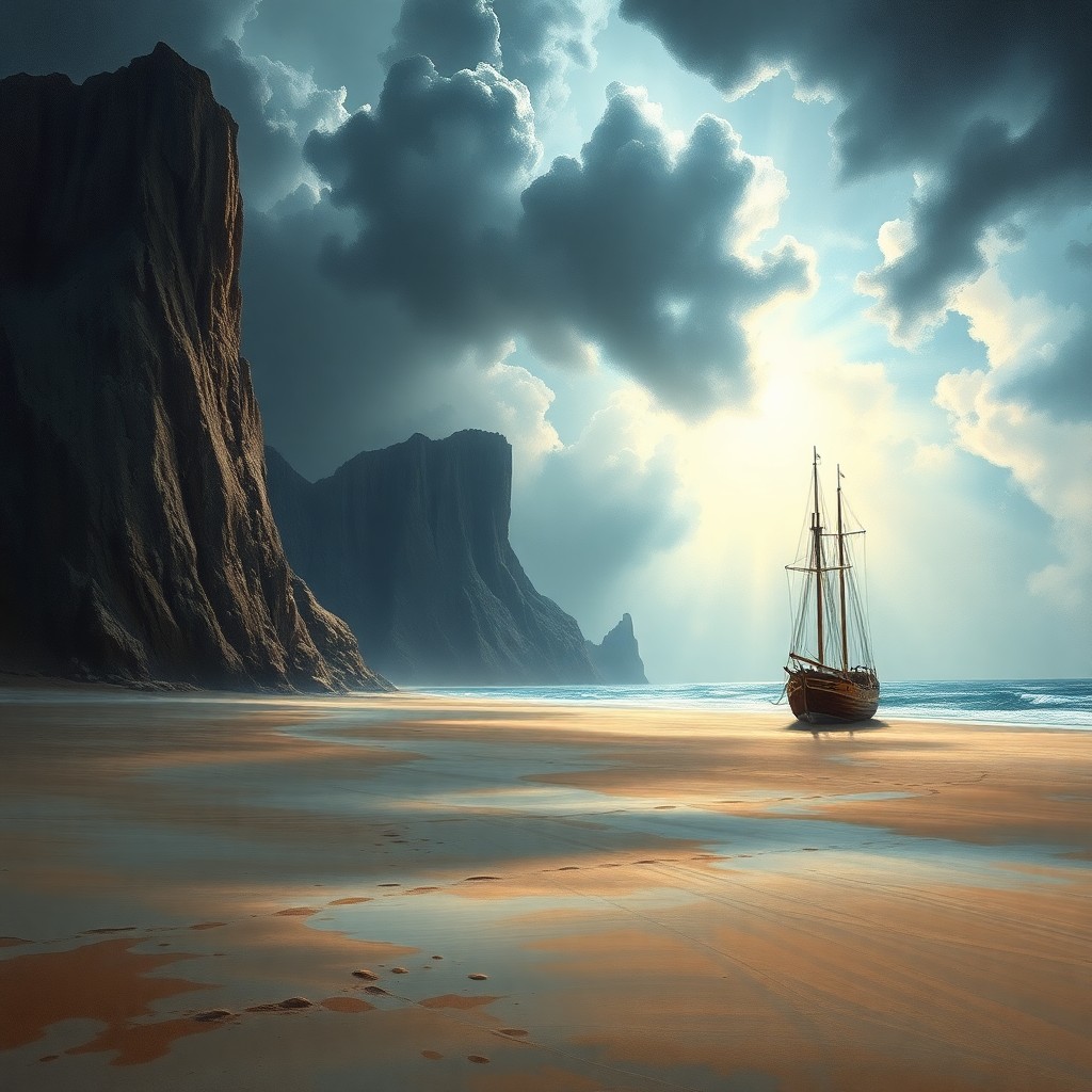 AI generated art for prompt: A breathtaking seascape painting captures the atmosphere just before an approaching storm, reminisce