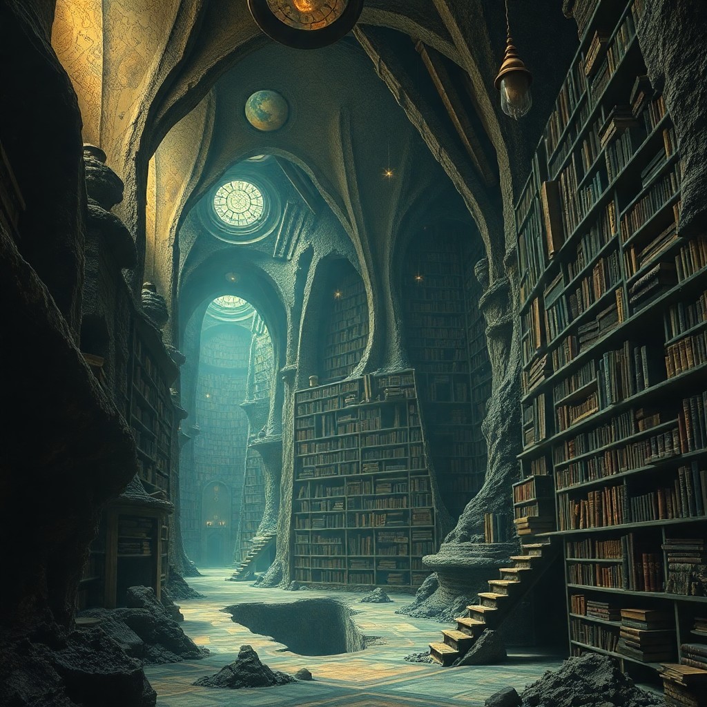 AI generated art for prompt: A surreal scene unfolds where an immense, ancient library reaches deep into the earth's core, its to