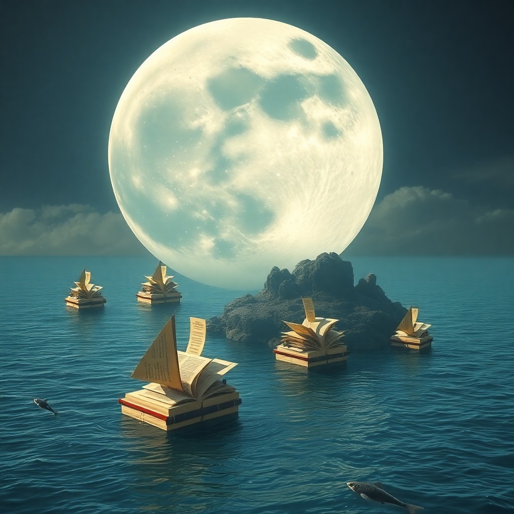 AI generated art for prompt: Visualize an otherworldly seascape with an immense moon featuring a human visage drifting tranquilly