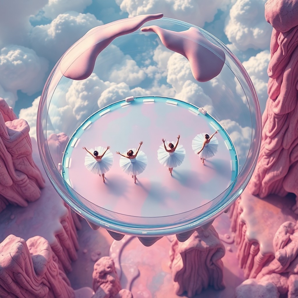 AI generated art for prompt: Imagine a surreal dreamscape where whimsical ballet dancers perform within a floating glass arena, t