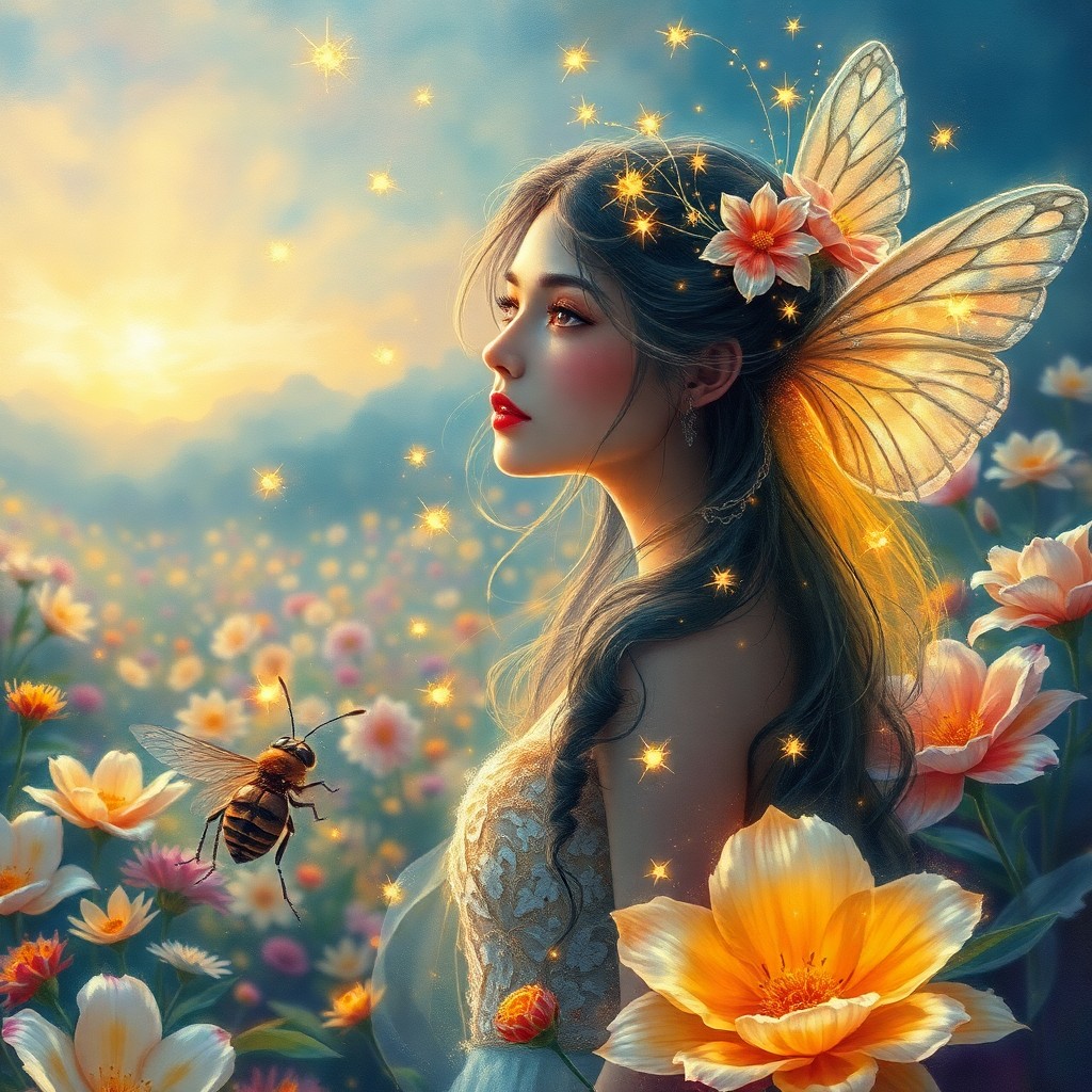 AI generated art for prompt: An enchanting portrait of an ethereal celestial queen in a vibrant garden, rendered with impressioni