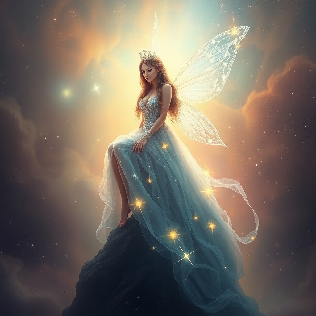 AI generated art for prompt: A captivating portrait of a celestial fairy queen, her ethereal form draped in a gossamer gown woven