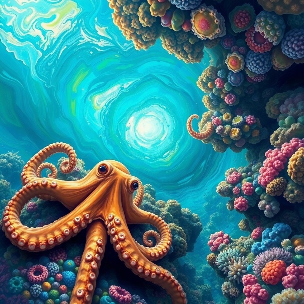 AI generated art for prompt: A mesmerizing semiabstract digital piece captures an enchanting underwater vista from an octopus's v