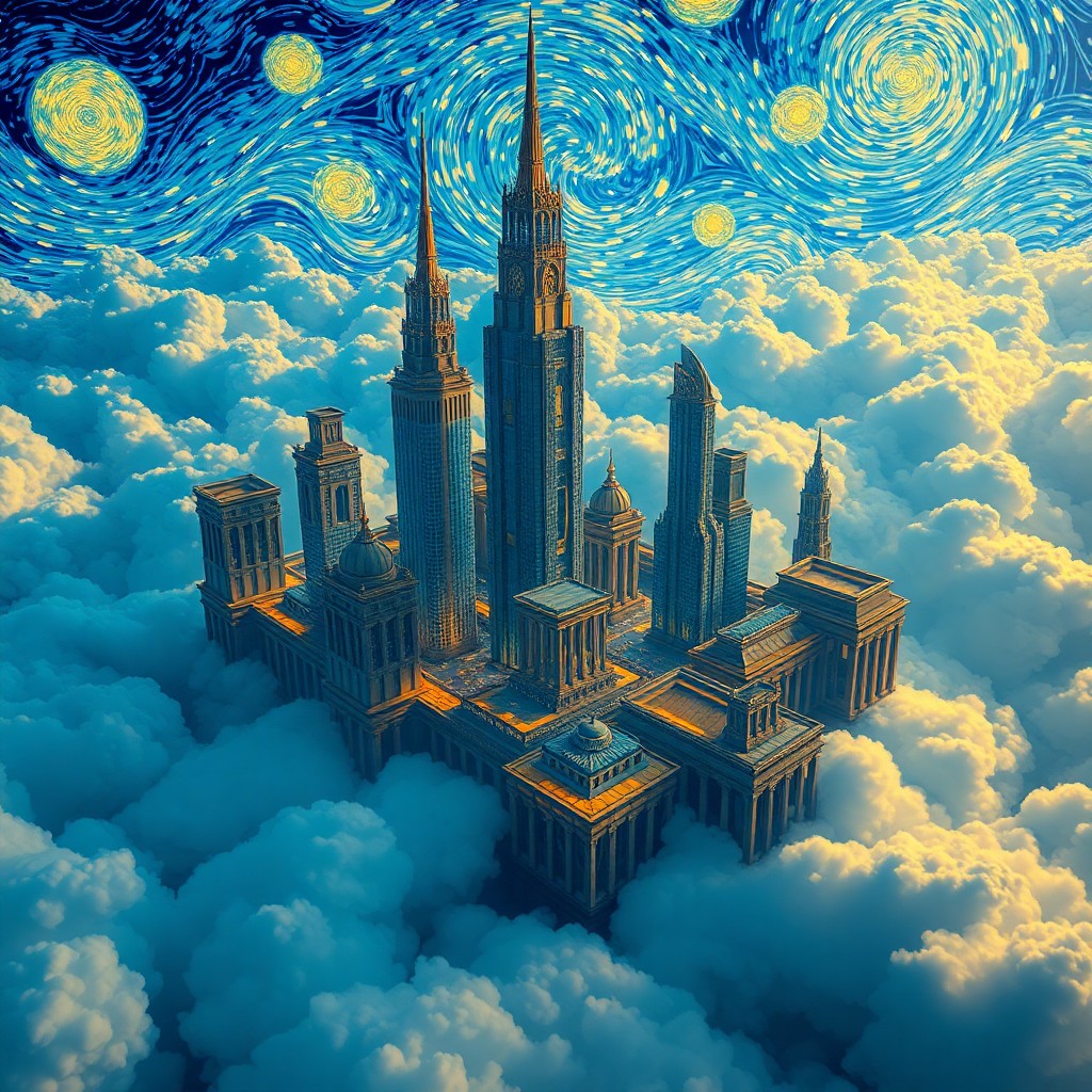 AI generated art for prompt: Craft an image portraying a futuristic cityscape floating amidst swirling clouds, reminiscent of Van