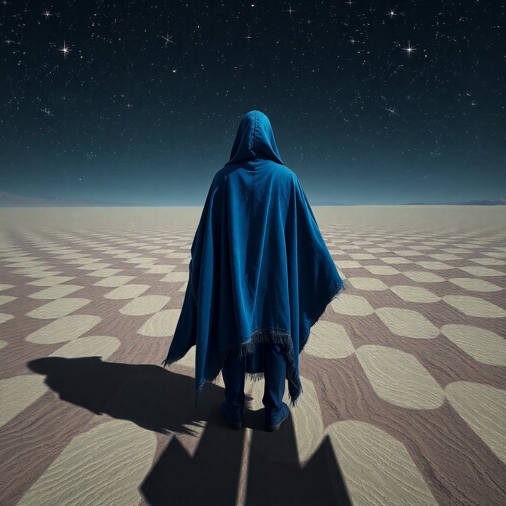 AI generated art for prompt: A surreal digital artwork depicting a solitary figure draped in a tattered blue cloak standing amids