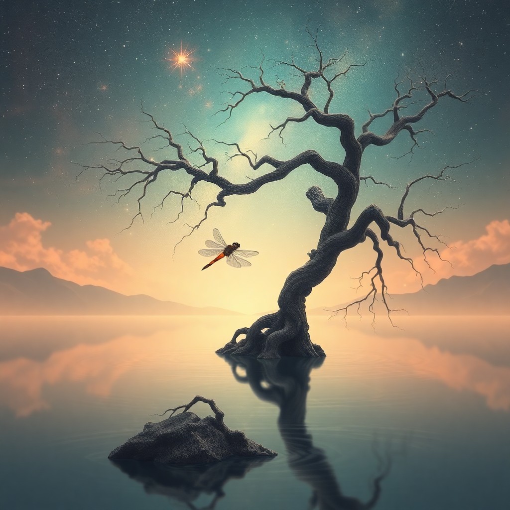 AI generated art for prompt: A surreal dream landscape showcases an aged tree with twisted branches extending towards a luminous 