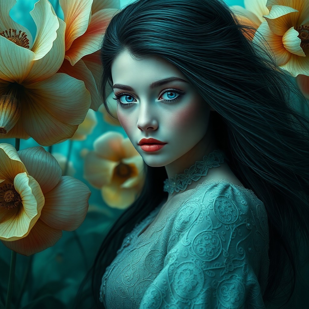 AI generated art for prompt: Imagine an enigmatic digital art portrait of a woman with striking blue eyes set against dark, flowi