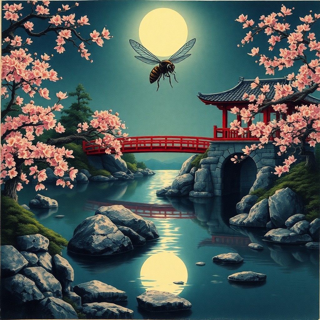 AI generated art for prompt: A captivating scene reminiscent of ukiyo-e woodblock prints, depicting a fantastical Japanese garden