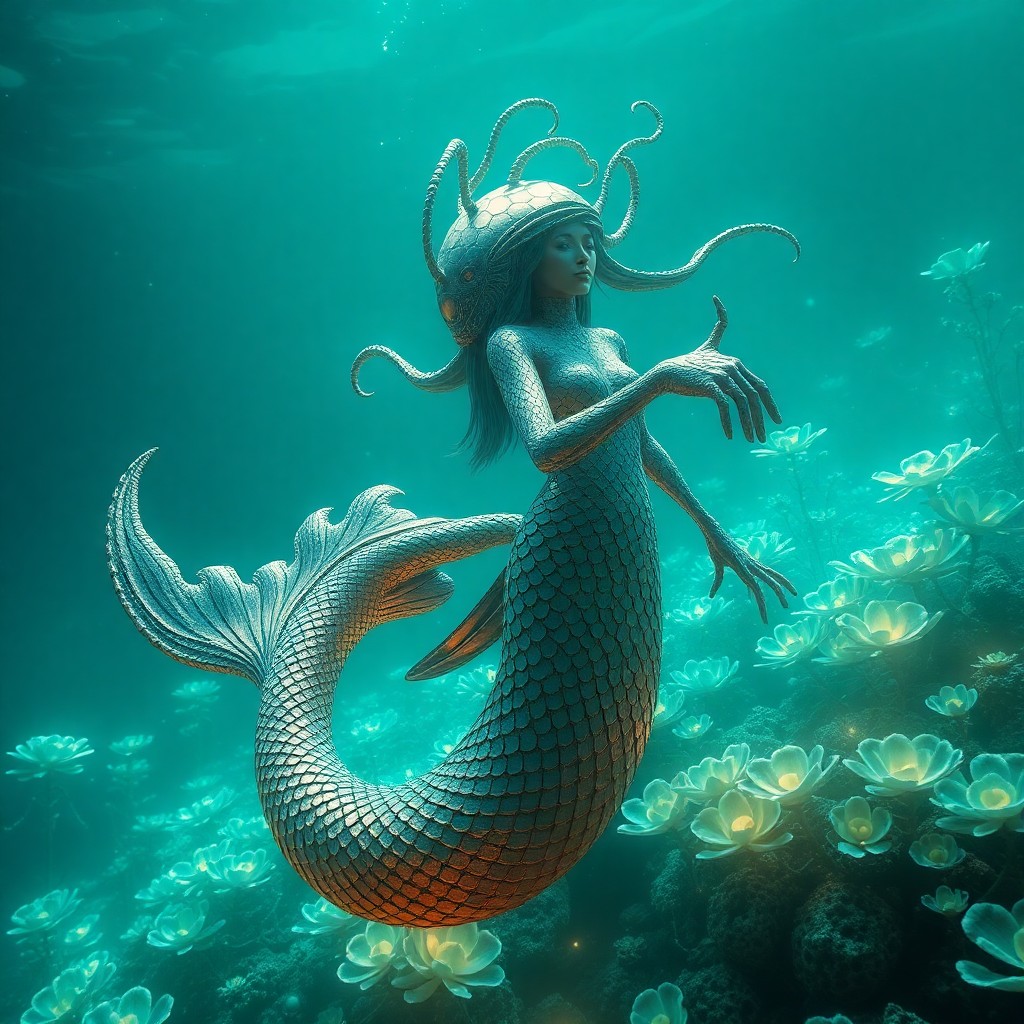 AI generated art for prompt: Craft an image depicting a surreal underwater scene where a mermaid with scales resembling intricate