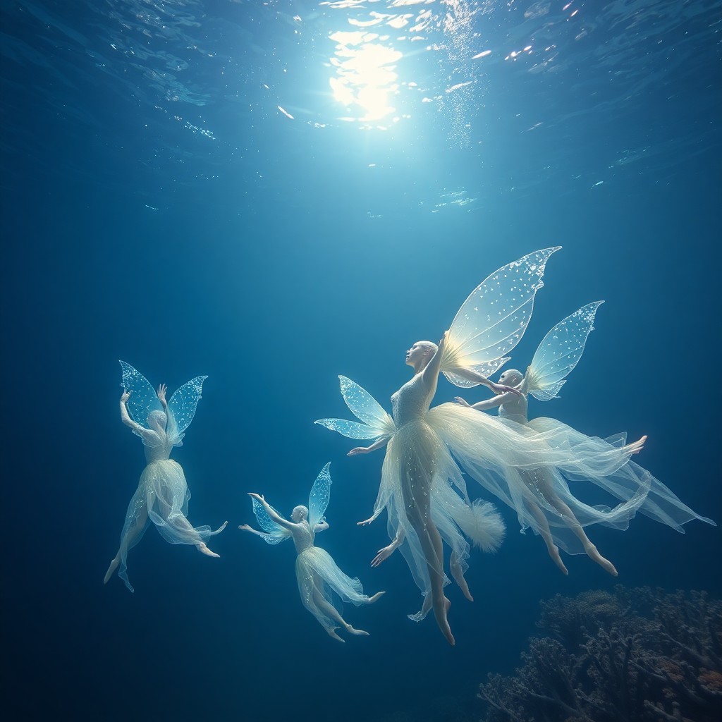 AI generated art for prompt: A surreal underwater ballet performed by ghostly, bioluminescent sea creatures, illuminated by soft 