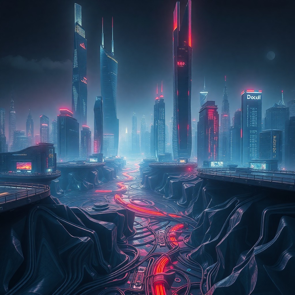 AI generated art for prompt: A futuristic cityscape bathes in the glow of midnight, with skyscrapers towering over a river of flo